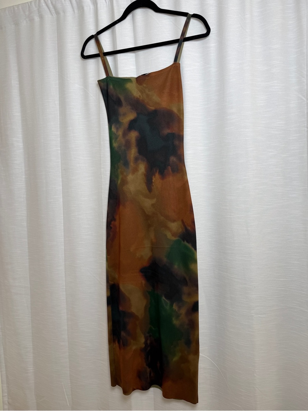 Zara Abstract Print Satin Midi Dress Brown Green Bodycon Slip Dress | Size S - Picture 6 of 13